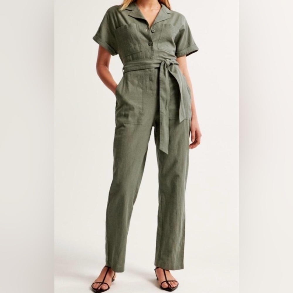 Abercrombie Linen Olive Green Button Up Jumpsuit with Tie Waist - Small